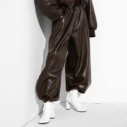 Leather Pants Women Autumn Winter Drawstring Ankle Tied Bloomers Loose Leather Pants Faux Leather Trousers for Women