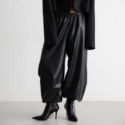 Leather Pants Women Autumn Winter Drawstring Ankle Tied Bloomers Loose Leather Pants Faux Leather Trousers for Women