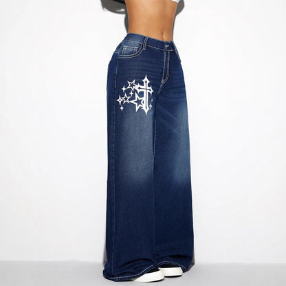 Women Clothing Retro Loose Wide Leg Jeans Trousers
