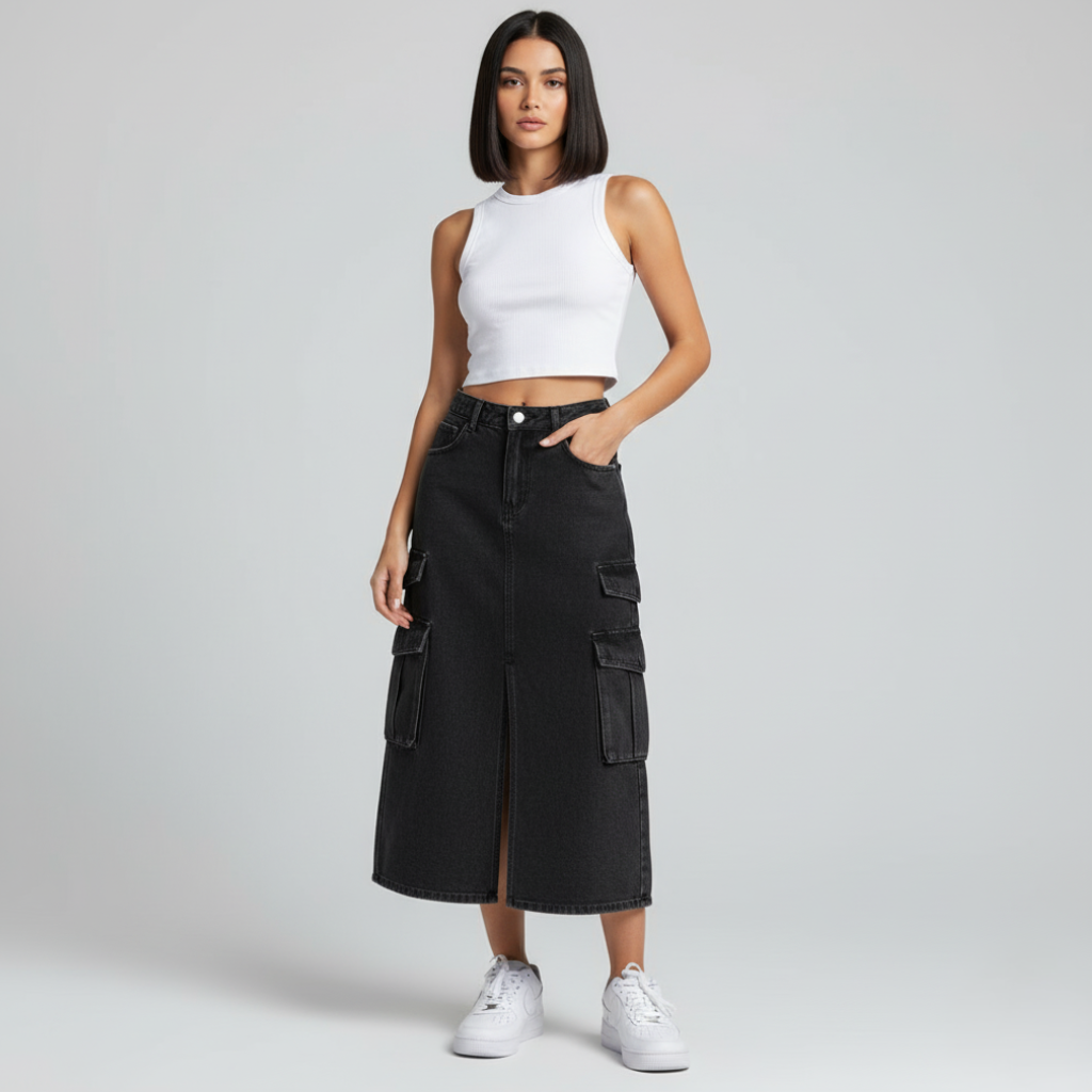 GLOBAL ELASTIC CARGO MIDI — DENIM EDITION