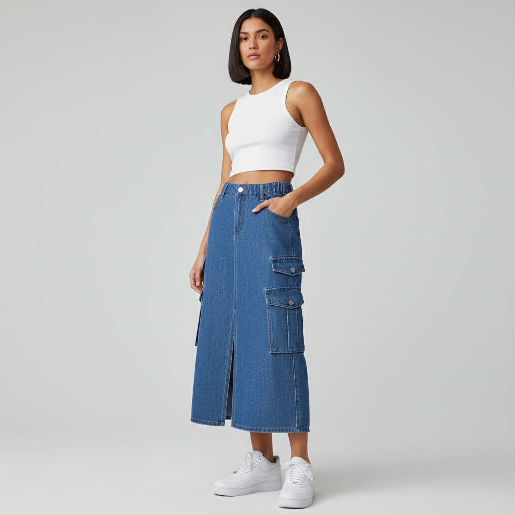 GLOBAL ELASTIC CARGO MIDI — DENIM EDITION